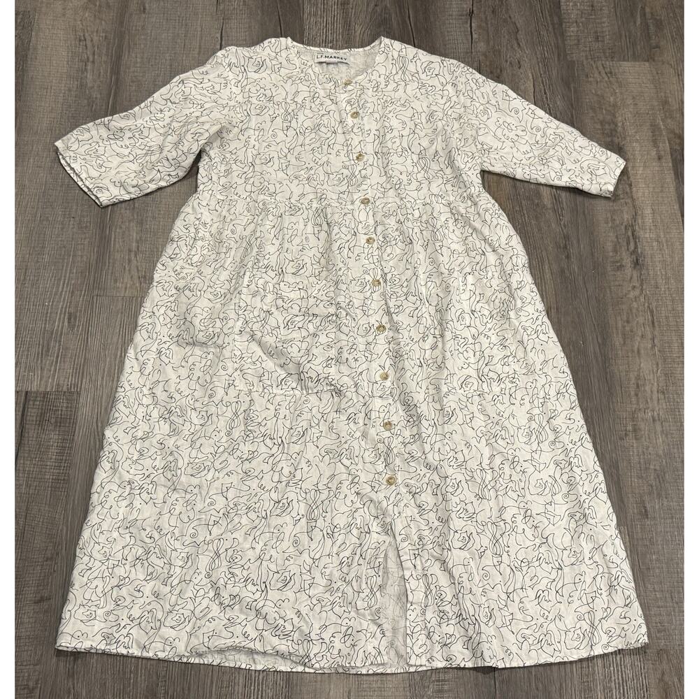 LF Markey Dress Womens 14 Sammy Dress Midi Squiggle Print Front Pocket White EUC